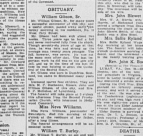 The December 20, 1903, Richmond Times-Dispatch obituary of William Gibson. A wealthy builder whose company built the Richmond City Jail and worked on the Cathedral of the Sacred Heart, Gibson is the first known resident of 12 W. Cary Street.